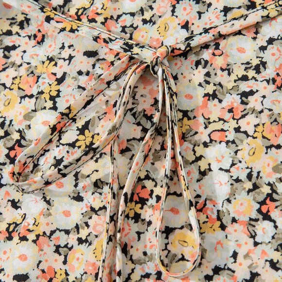 B279 Khaki Boho Floral Print Tie Waist Flared Suspender Mini Dress - Picture 12 of 14